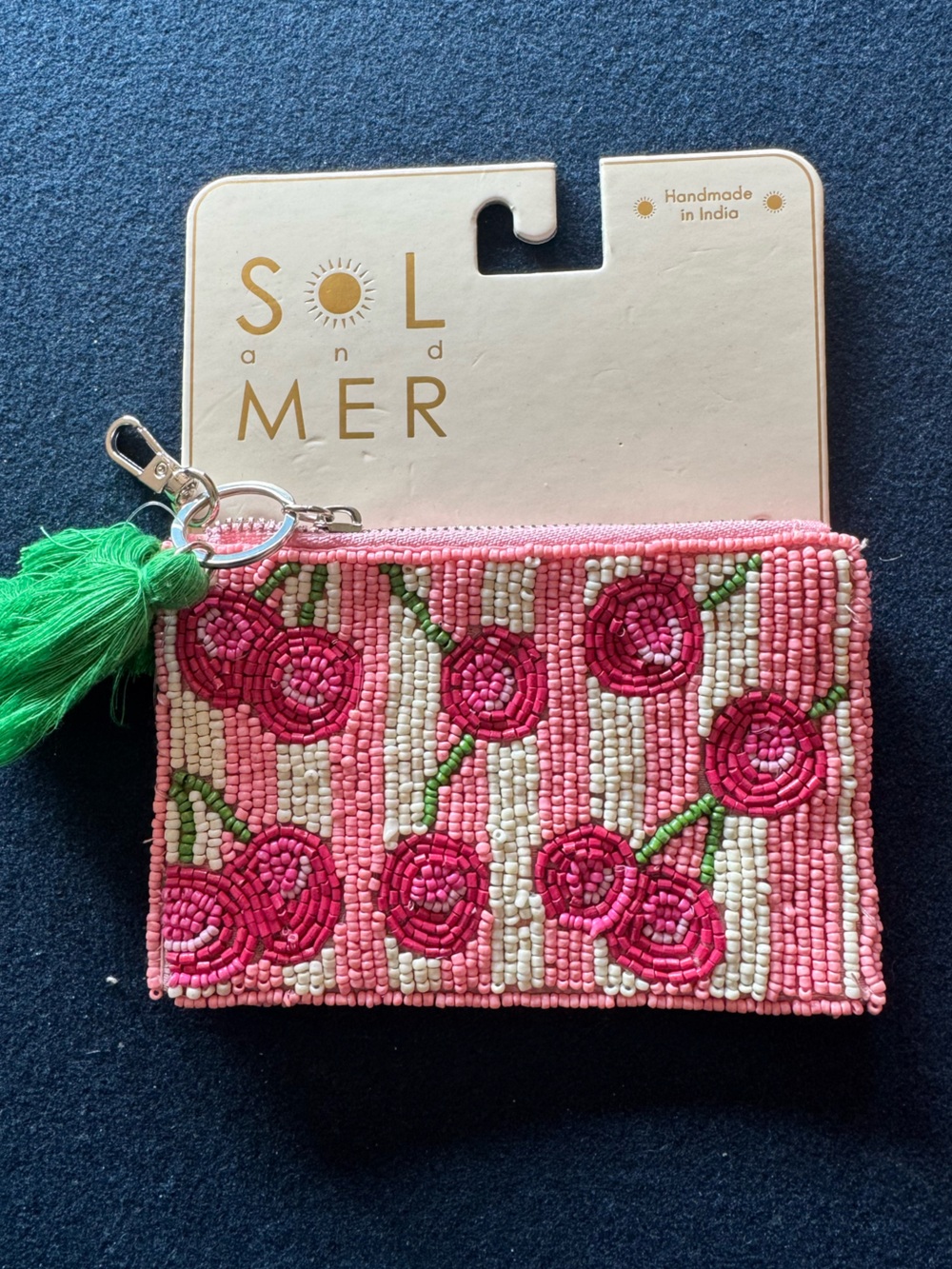 SOL and MER Pink Beaded Floral Card & Key Pouch w/ Green Tassel, zipper closure🍒